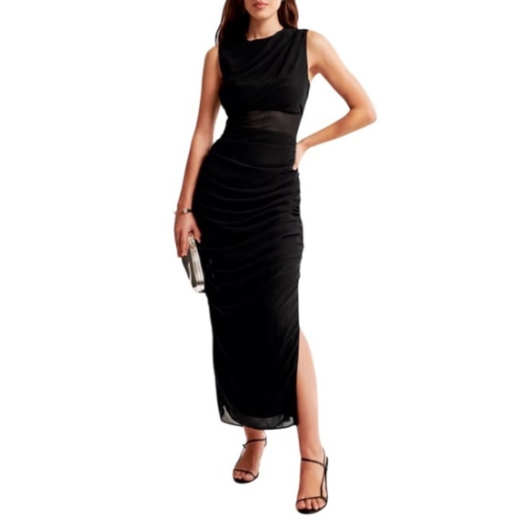 Abercrombie & Fitch NWT Draped Sheer Waist Maxi Dress Black High Neck Crepe M - Picture 1 of 13